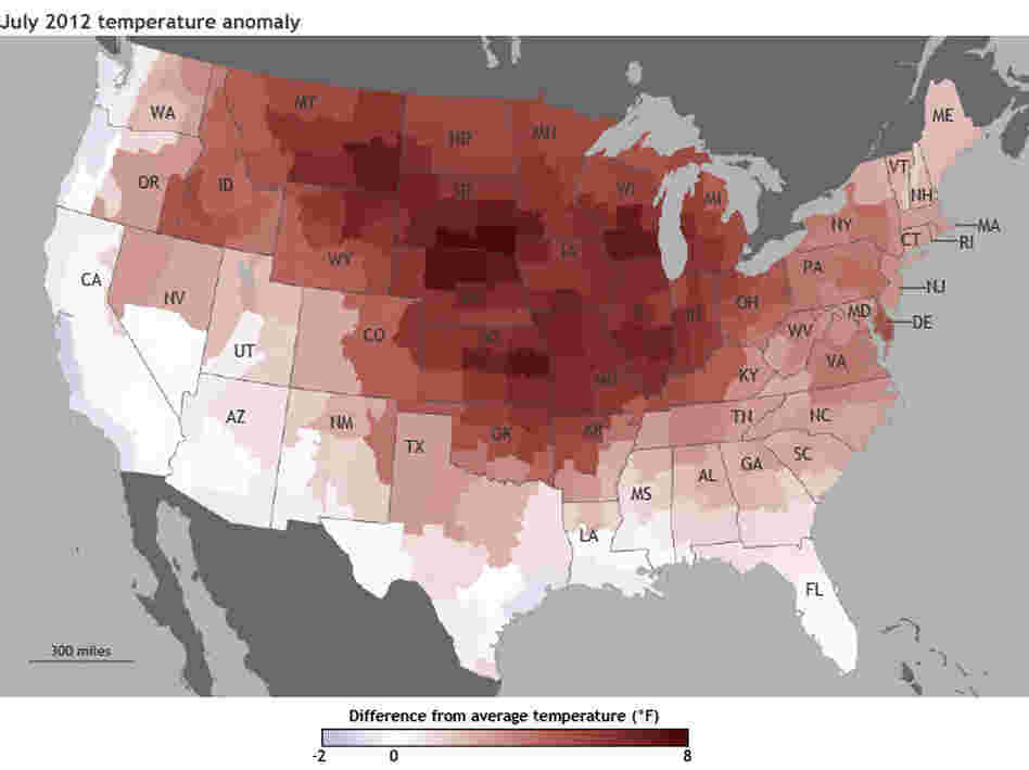From NOAA: This map "shows where July 2012 temperatures were different from the 1981-2010 average across the contiguous United States. Shades of red indicate above-average temperatures and shades of blue indicate below-average temperatures the darker the color, the more unusual the temperature difference."