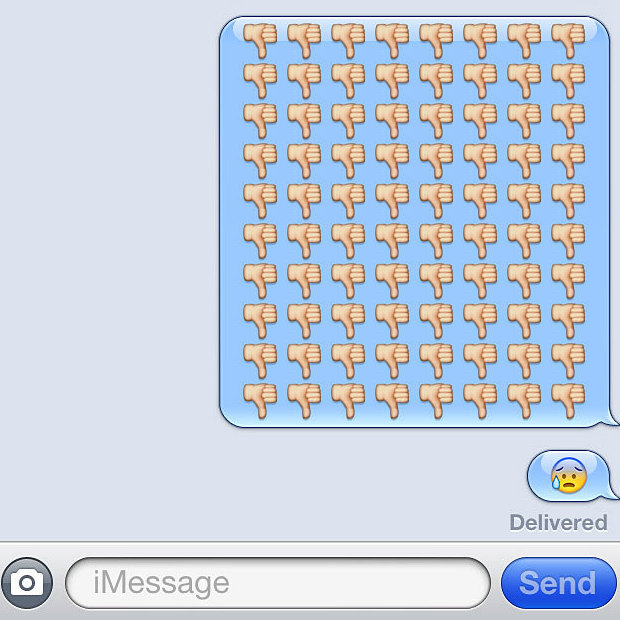 A screengrab of several thumbs down and a weeping smiley face.