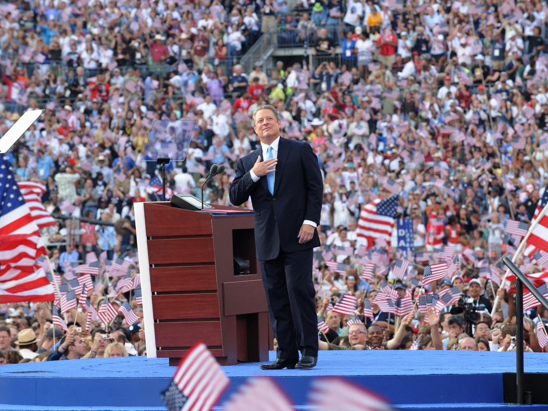 Former Vice President Al Gore acknowledges the crowd during the Democratic National Convention 2008 at the Invesco Field in Denver, Colo.