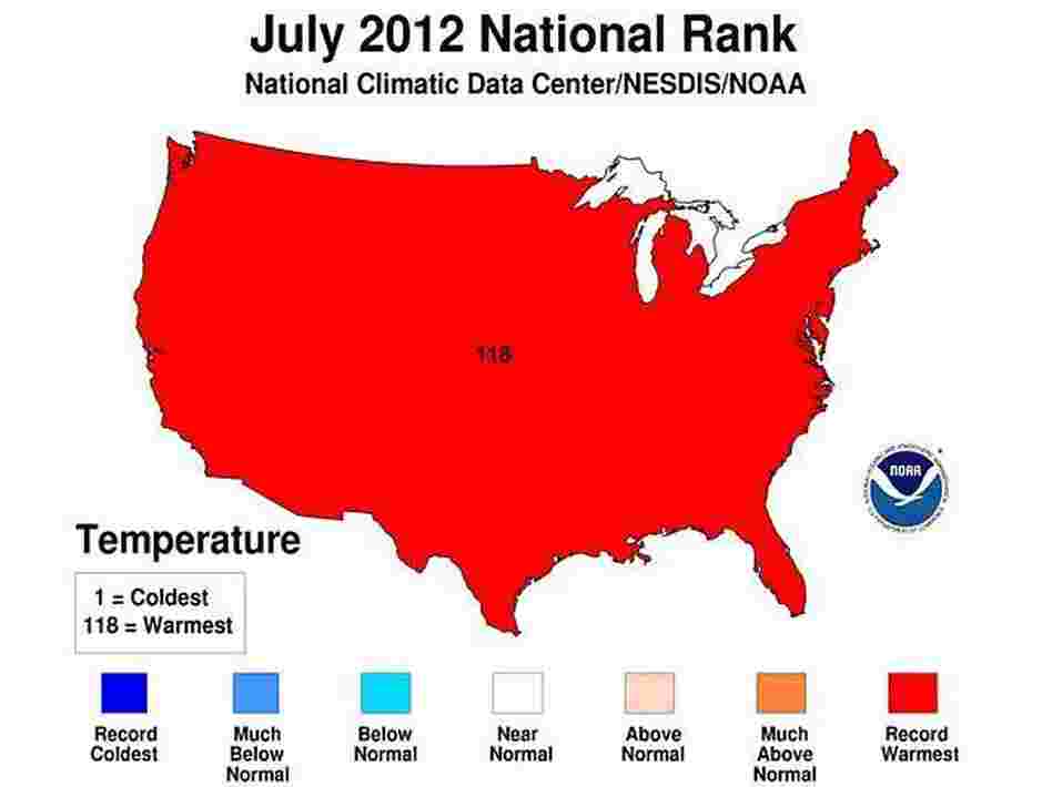 Only one color was needed to show where July ranks in terms of hottest months on record.