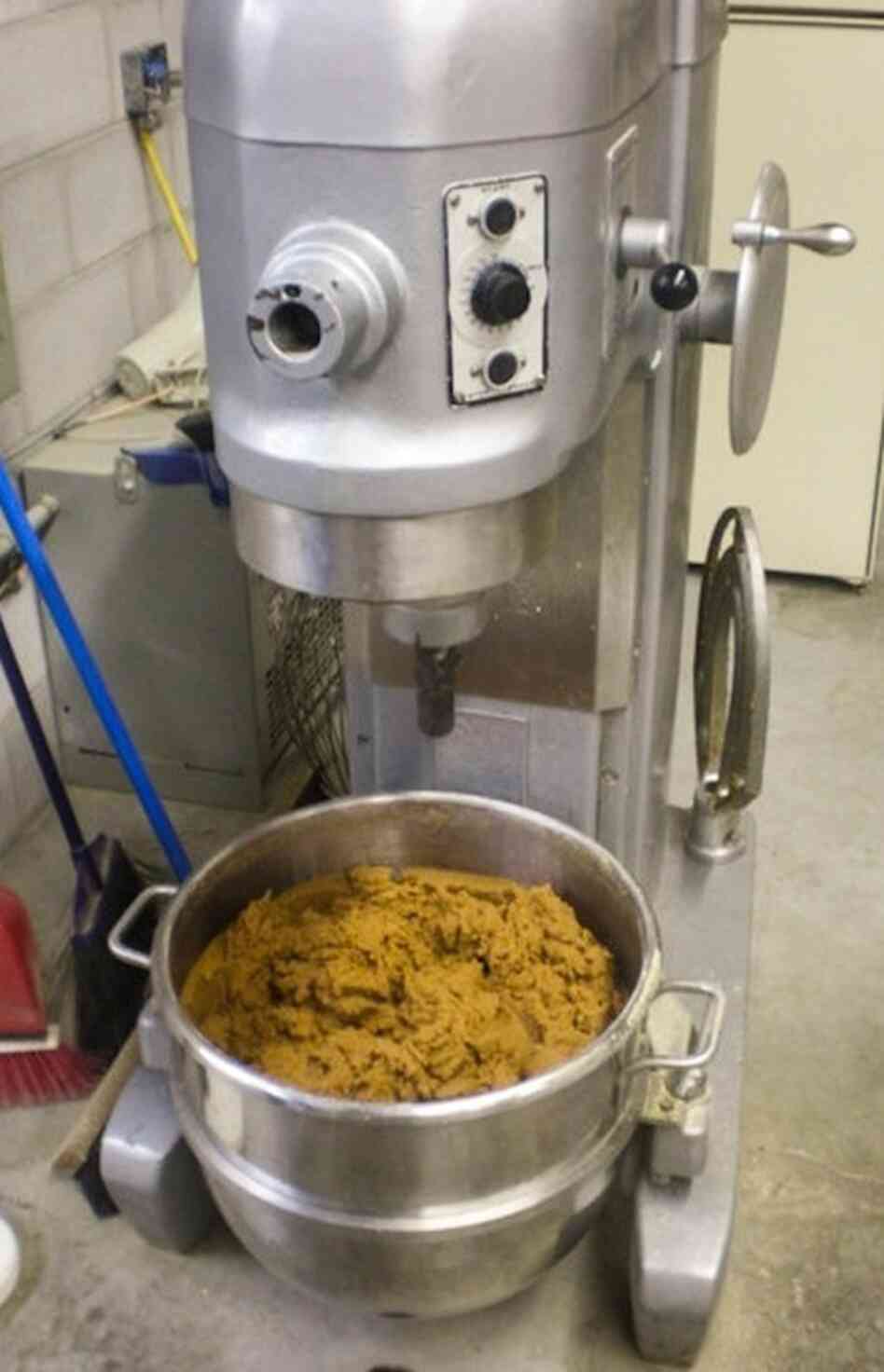 Soybean paste is mixed to the right consistency and moisture content to produce fake poop at the Maximum Performance factory. Soybean paste is mixed to the right consistency and moisture content to produce fake poop at the Maximum Performance factory.