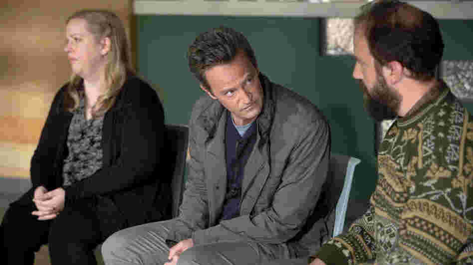 Sarah Baker as Sonia, Matthew Perry as Ryan King, and Brett Gelman as Mr. K in the new comedy Go On.