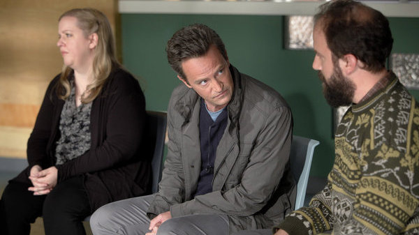 Sarah Baker as Sonia, Matthew Perry as Ryan King, and Brett Gelman as Mr. K in the new comedy Go On.