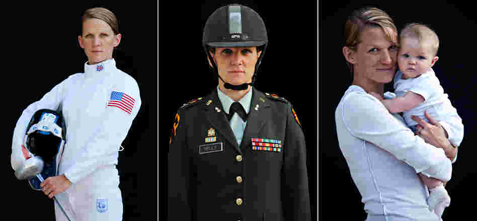 Mickey Kelly, alternate for modern pentathlon and a U.S. Army captain, with her daughter Lily.