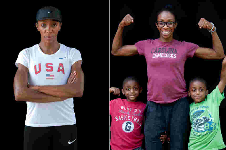 Lashinda Demus, hurdles, with twin sons Duaine and Dohntay.
