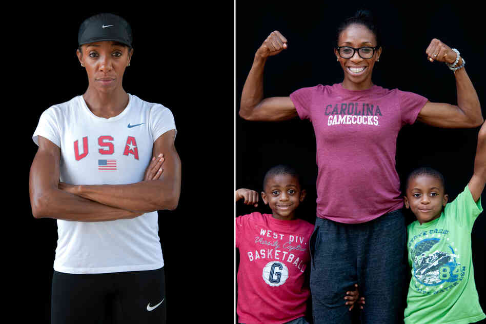 Lashinda Demus, hurdles, with twin sons Duaine and Dohntay.