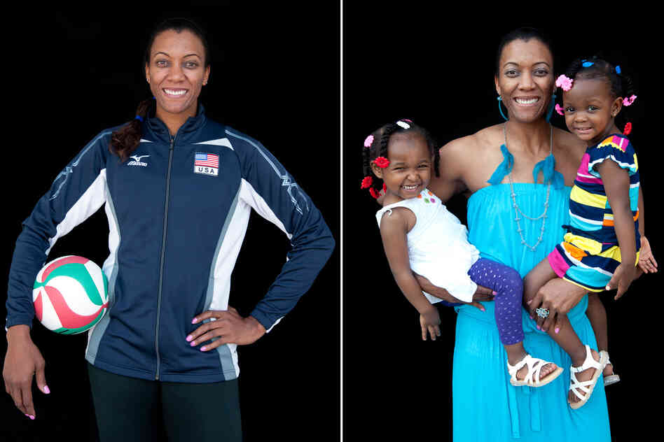 Danielle Scott-Arruda, volleyball, with grandniece Madison (left) and daughter Julianne.