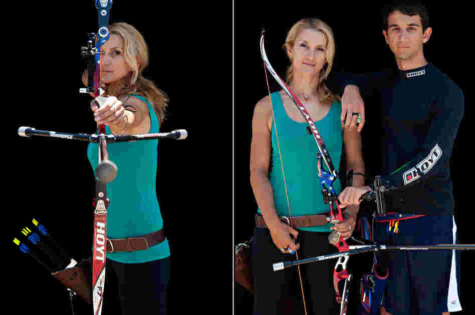 Khatuna Lorig, archery, with son Levan.