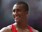 Ashton Eaton of the United States smiles after competing in the Men's Decathlon Pole Vault in London. Ashton Eaton of the United States smiles after competing in the Men's Decathlon Pole Vault in London.