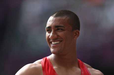Ashton Eaton of the United States smiles after competing in the Men's Decathlon Pole Vault in London. Ashton Eaton of the United States smiles after competing in the Men's Decathlon Pole Vault in London.