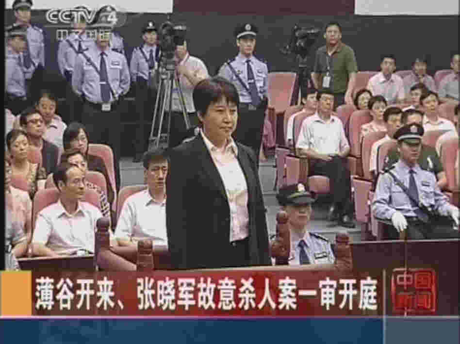 Gu Kailai during today's trial at the Hefei Intermediate People's Court. (Screen image from Chinese TV.)