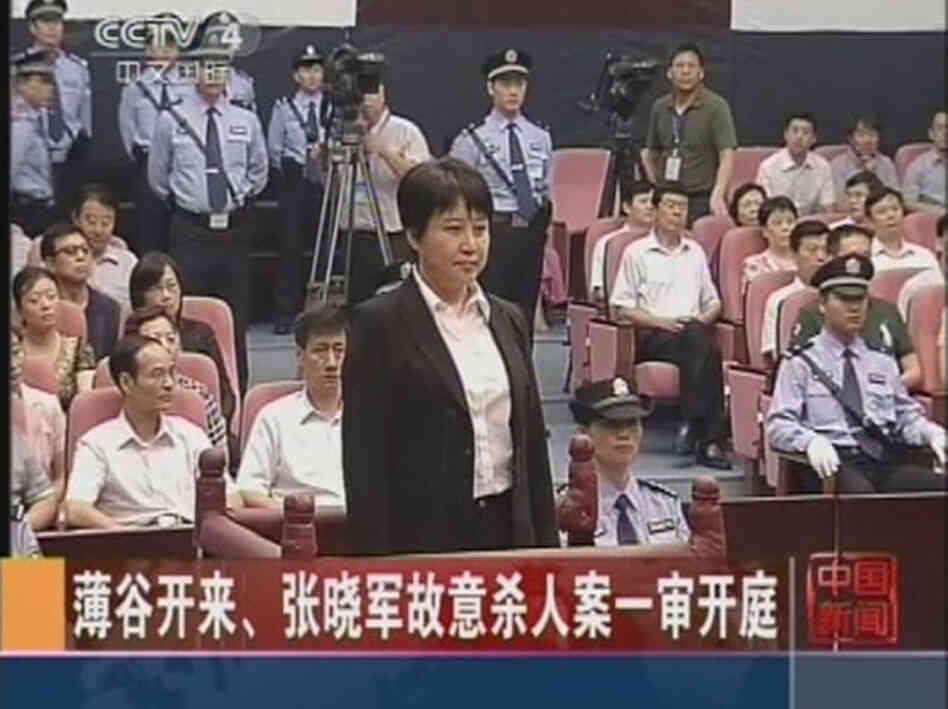Gu Kailai during today's trial at the Hefei Intermediate People's Court. (Screen image from Chinese TV.)