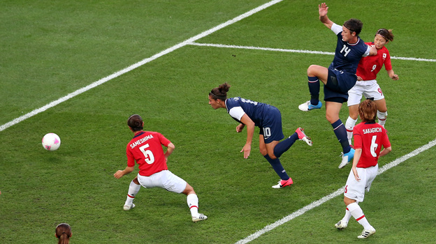 American Carli Lloyd heads in a goal in the first half to put the U.S. up 1-0 against Japan in the Olympic gold medal match.