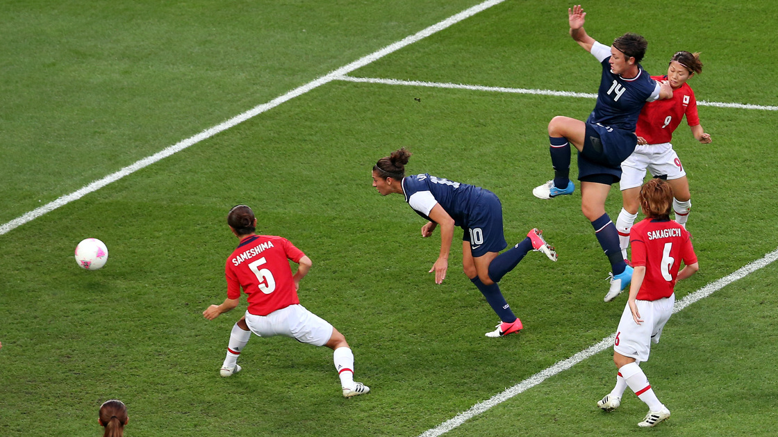 American Carli Lloyd heads in a goal in the first half to put the U.S. up 1-0 against Japan in the Olympic gold medal match.