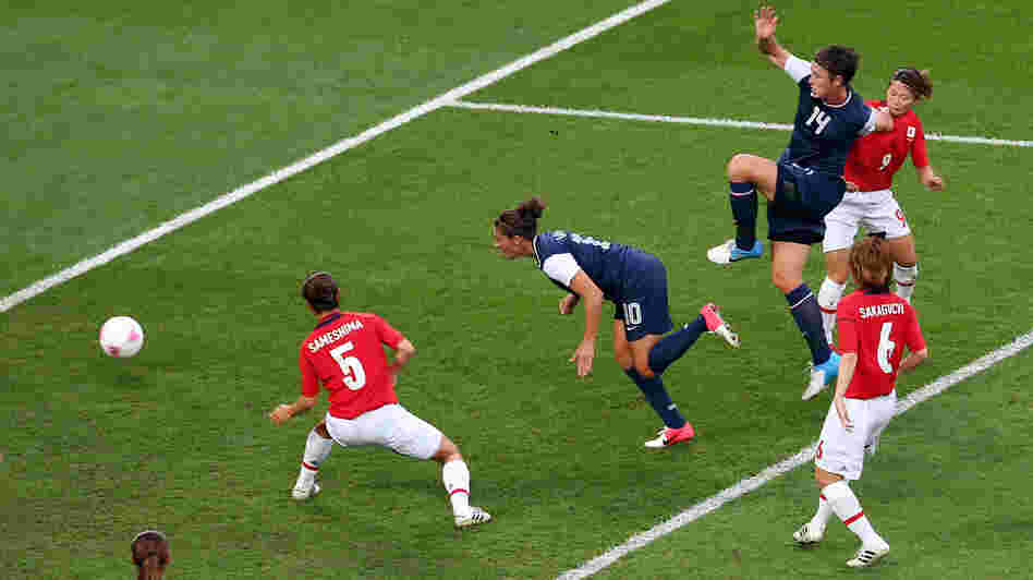American Carli Lloyd heads in a goal in the first half to put the U.S. up 1-0 against Japan in the Olympic gold medal match.