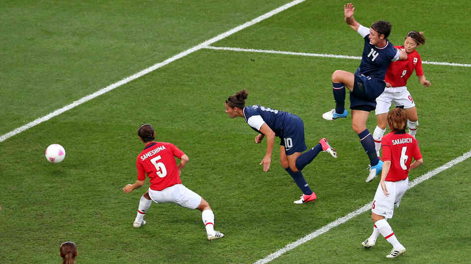 American Carli Lloyd heads in a goal in the first half to put the U.S. up 1-0 against Japan in the Olympic gold medal match.
