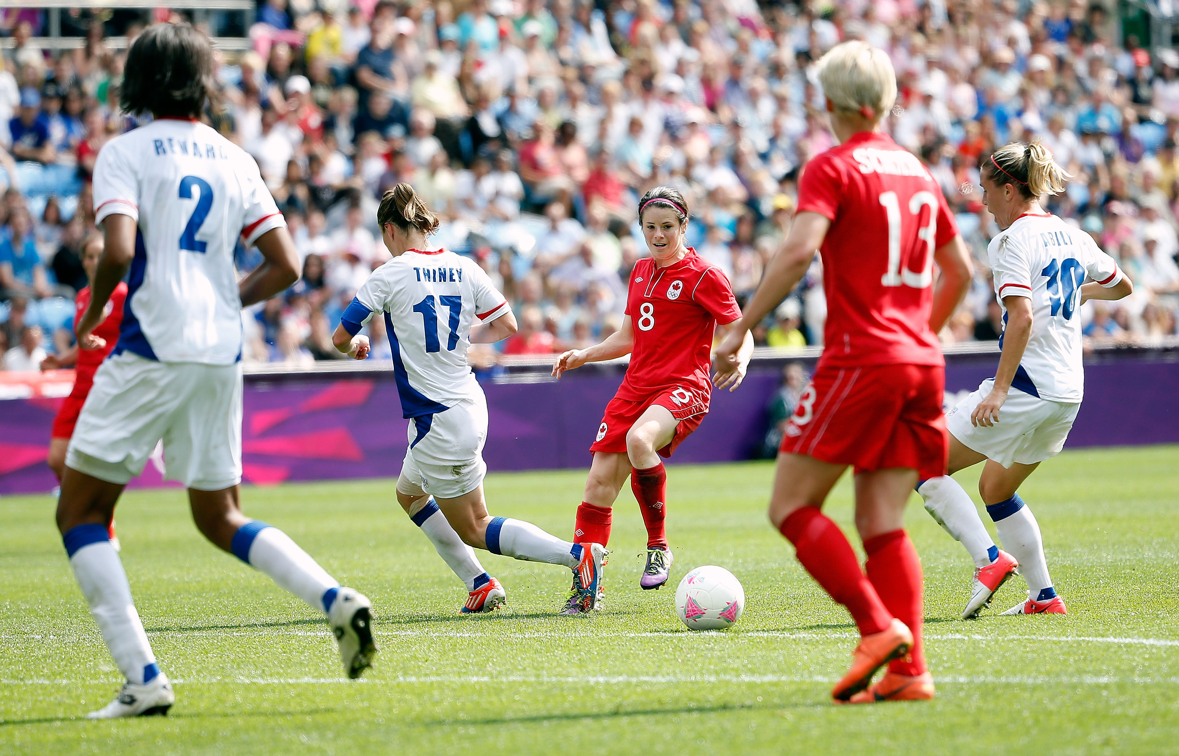 Canada's Diana Matheson controls the ball, an instant before she struck the game-winning goal against France in the women's soccer bronze medal match Thursday.