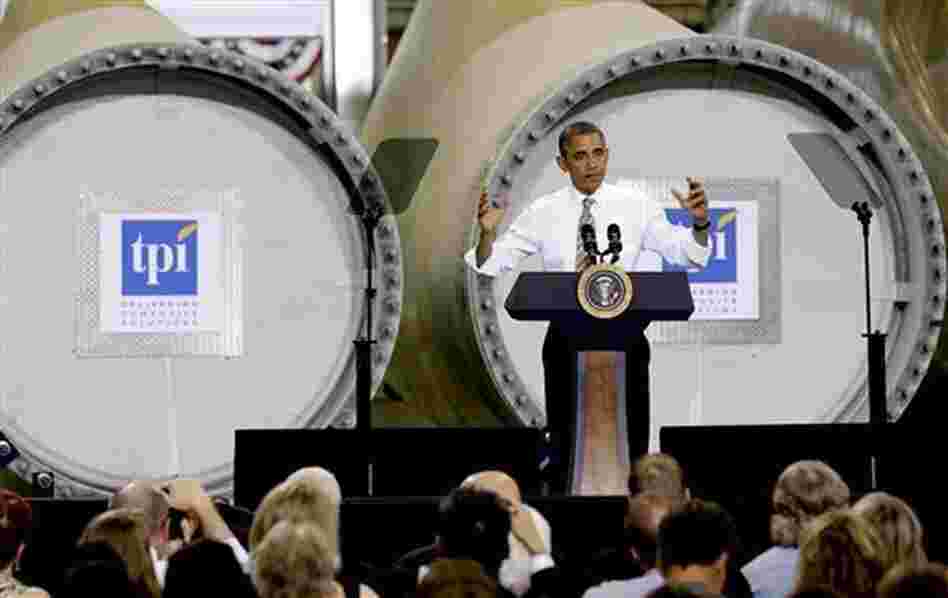 President Obama at a Newton, Iowa, wind-turbine blade maker in May. President Obama at a Newton, Iowa, wind-turbine blade maker in May.