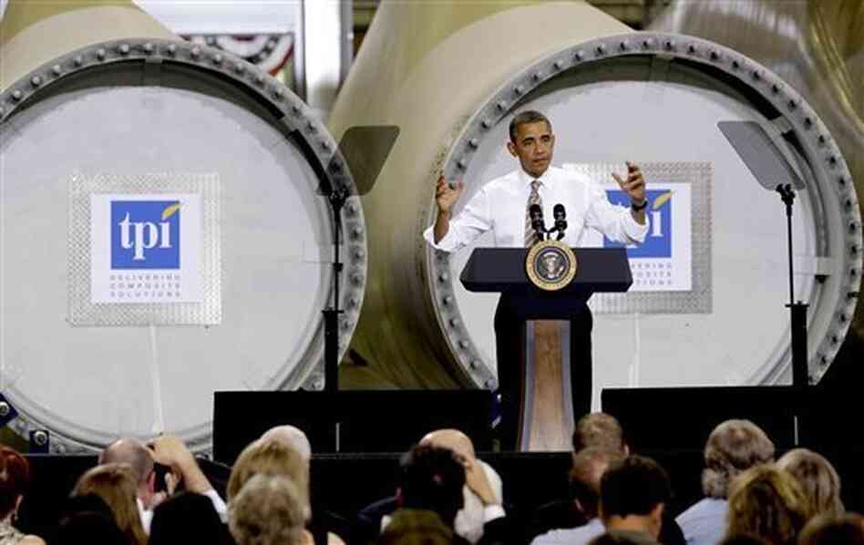 President Obama at a Newton, Iowa, wind-turbine blade maker in May. President Obama at a Newton, Iowa, wind-turbine blade maker in May.