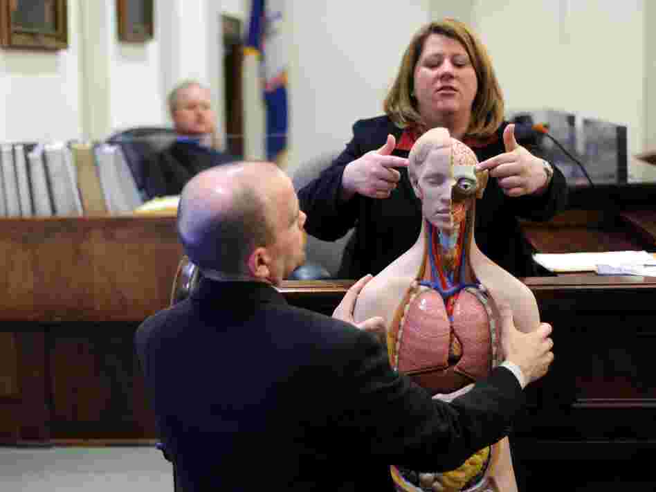 Dr. Amy Tharp, a forensic pathologist, explains gun shot wounds on an anatomical model during her testimony in Bedford, Va. in March 2010.