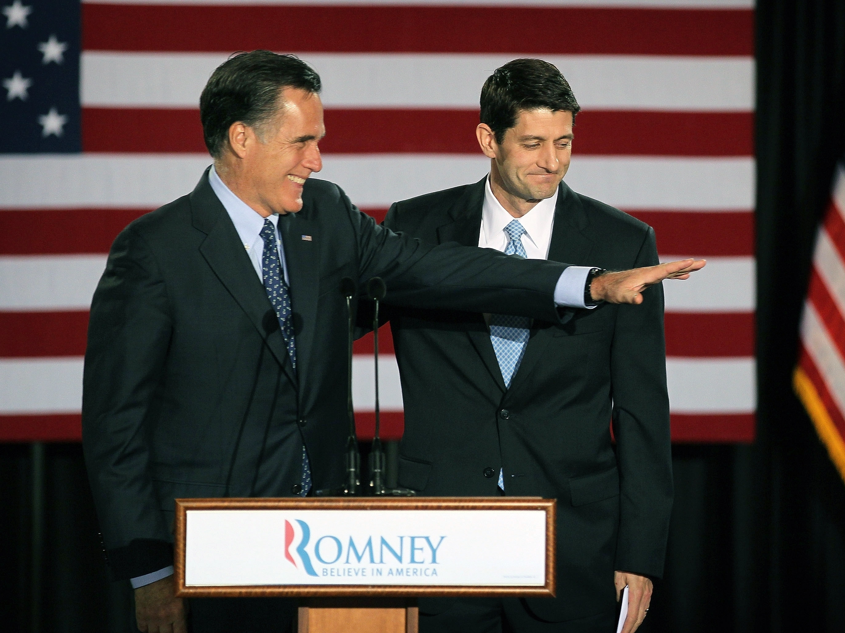 Republican presidential candidate Mitt Romney is introduced by Wisconsin Congressman Paul Ryan at an election-night rally on April 3 in Milwaukee, Wis.