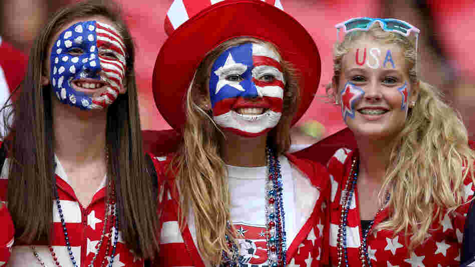U.S. women's soccer fans wait for the start of the Olympic gold medal match between U.S. and Japan at London's Wembley Stadium.