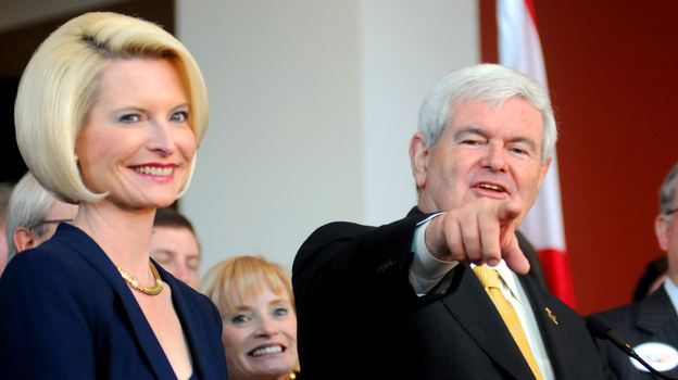 Former House Speaker Newt Gingrich, accompanied by his wife Callista, speaks at a rally in Montgomery, Ala., on March 7.