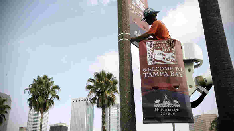 The Tampa Bay Host Committee for the Republican National Convention began installing banners on Wednesday.