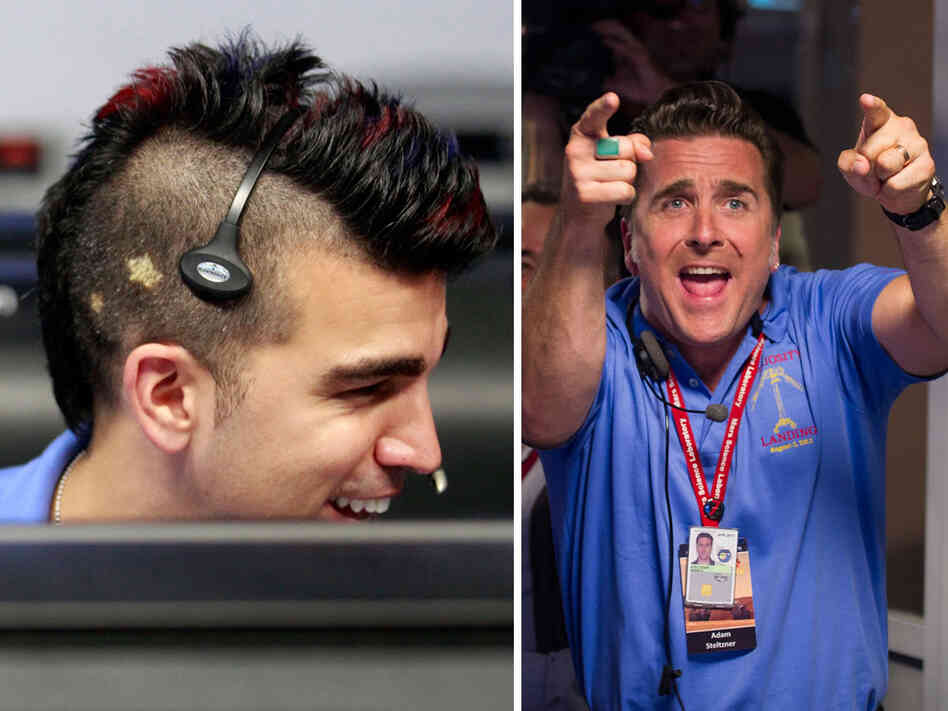 Missions engineers Bobak Ferdowsi (left) and Adam Steltzner — also known as "Mokawk guy" and "Elvis guy," respectively — helped land the Mars Curiosity rover on Sunday night. Missions engineers Bobak Ferdowsi (left) and Adam Steltzner — also known as "Mokawk guy" and "Elvis guy," respectively — helped land the Mars Curiosity rover on Sunday night.