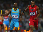 Ramon Miller (left) of the Bahamas crosses the finish line ahead of Team USA's Angelo Taylor to win the 4x400m relay gold medal at the London 2012 Olympics. Ramon Miller (left) of the Bahamas crosses the finish line ahead of Team USA's Angelo Taylor to win the 4x400m relay gold medal at the London 2012 Olympics.