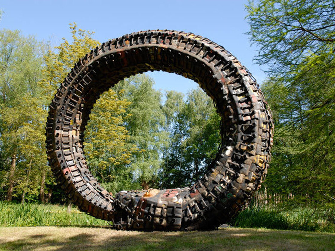 This rainbow serpent was built from recycled gasoline cans by Romuald Hazoume, an artist from Benin.