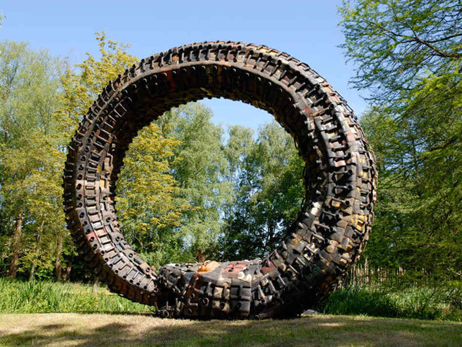 This rainbow serpent was built from recycled gasoline cans by Romuald Hazoume, an artist from Benin.