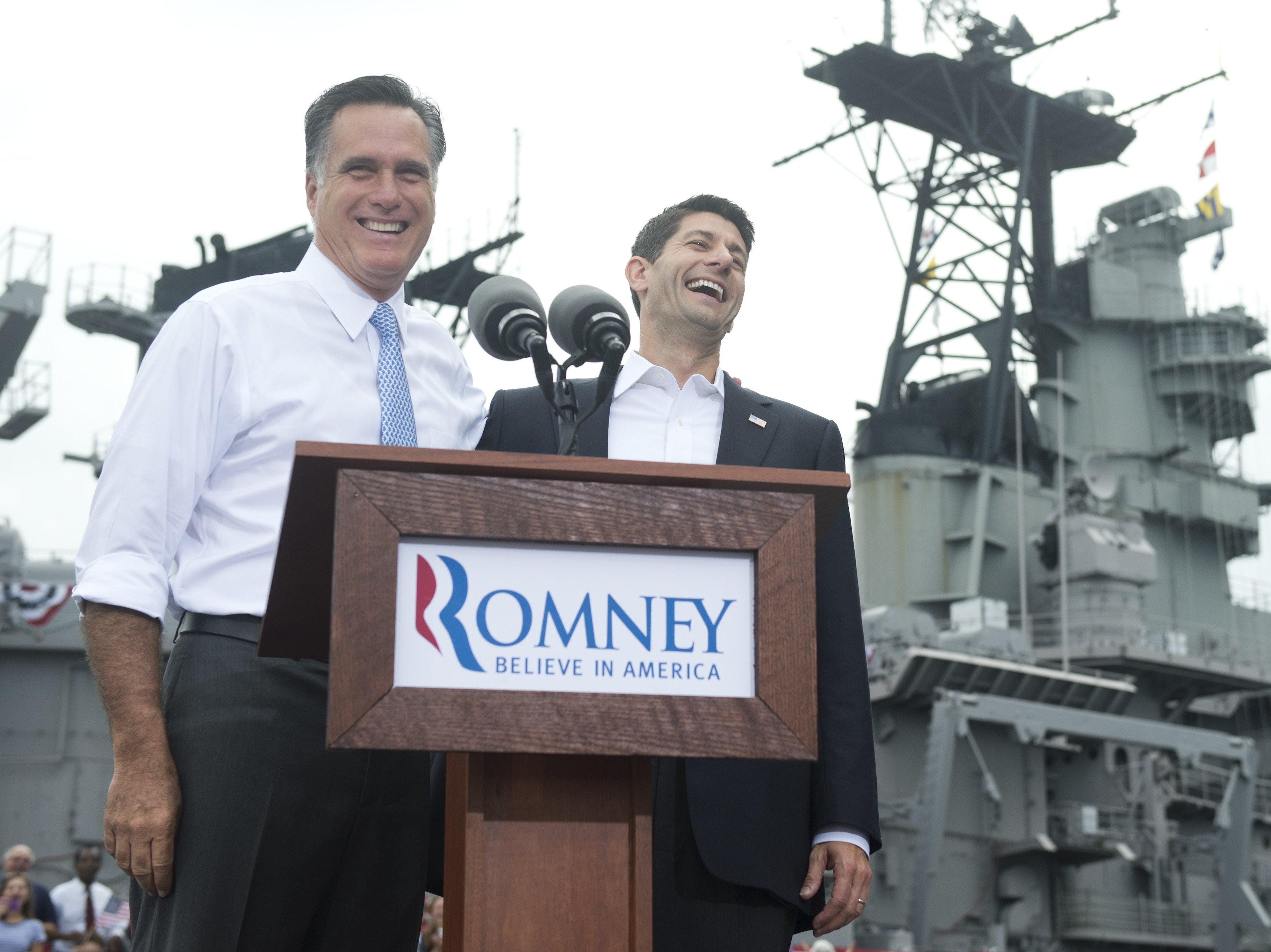 Republican presidential candidate Mitt Romney announces Wisconsin Rep. Paul Ryan as his running mate during a campaign rally in Norfolk, Va., on Saturday. (Image credit: AFP/Getty Images)