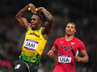 Usain Bolt of Jamaica celebrates his relay team's world record by doing the "mobot" move, made famous by Mo Farah of Britain. Bolt crossed the finish line in front of Ryan Bailey of the United States. Usain Bolt of Jamaica celebrates his relay team's world record by doing the "mobot" move, made famous by Mo Farah of Britain. Bolt crossed the finish line in front of Ryan Bailey of the United States.
