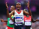 Mo Farah of Great Britain celebrates as he crosses the finish line to win gold ahead of Dejen Gebremeskel of Ethiopia and Thomas Pkemei Longosiwa of Kenya. Farah, who has become a celebrity in Britain, is the sixth man to win both the 5,000m and 10,000m distances at one Olympics. Mo Farah of Great Britain celebrates as he crosses the finish line to win gold ahead of Dejen Gebremeskel of Ethiopia and Thomas Pkemei Longosiwa of Kenya. Farah, who has become a celebrity in Britain, is the sixth man to win both the 5,000m and 10,000m distances at one Olympics.