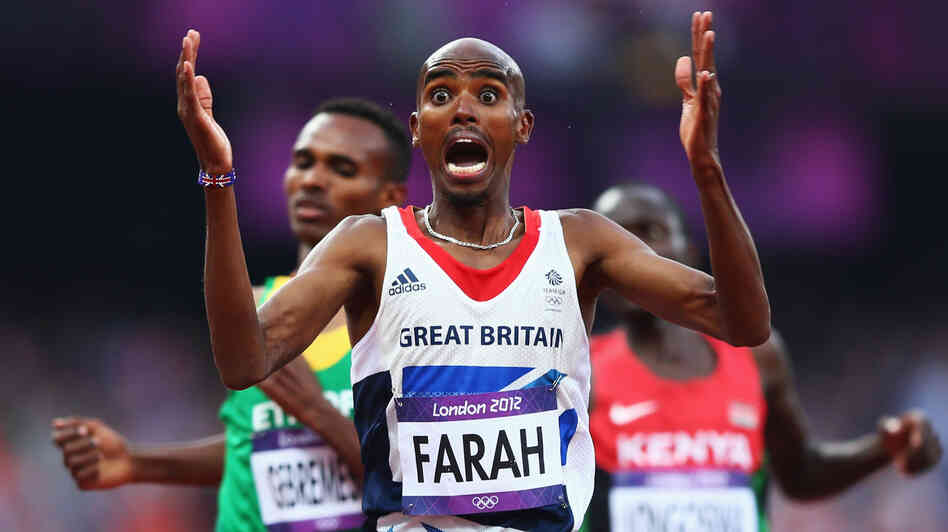Mo Farah of Great Britain celebrates as he crosses the finish line to win gold ahead of Dejen Gebremeskel of Ethiopia and Thomas Pkemei Longosiwa of Kenya. Farah, who has become a celebrity in Britain, is the sixth man to win both the 5,000m and 10,000m distances at one Olympics.