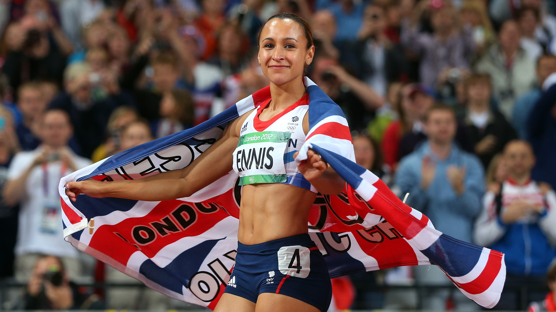 Jessica Ennis of Great Britain celebrates winning gold in the heptathlon at the London 2012 Olympic Games.