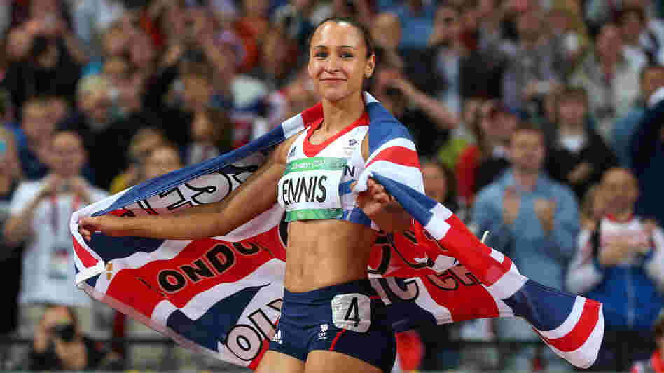 Jessica Ennis of Great Britain celebrates winning gold in the heptathlon at the London 2012 Olympic Games.