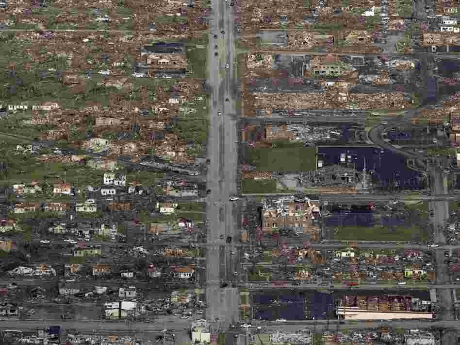 The path of a powerful tornado is seen in an aerial photo over Joplin on May 24, 2011.