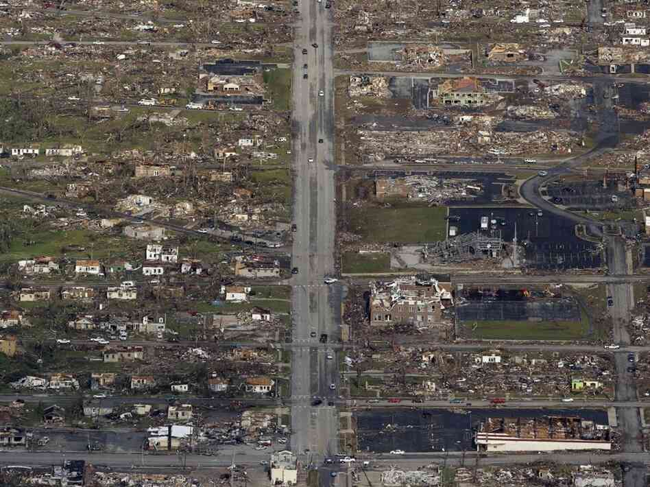 The path of a powerful tornado is seen in an aerial photo over Joplin on May 24, 2011.