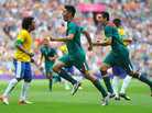 Oribe Peralta of Mexico celebrates scoring his second goal as Mexico beat Brazil, 2-1, to win Olympic gold medal in London's Wembley Stadium. Oribe Peralta of Mexico celebrates scoring his second goal as Mexico beat Brazil, 2-1, to win Olympic gold medal in London's Wembley Stadium.