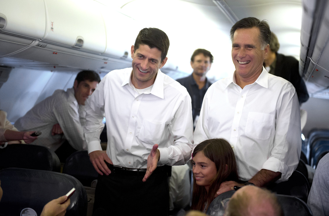 Mitt Romney and Rep. Paul Ryan speak with media aboard a charter airplane from Sterling, Virginia to Charlotte, North Carolina on Saturday.