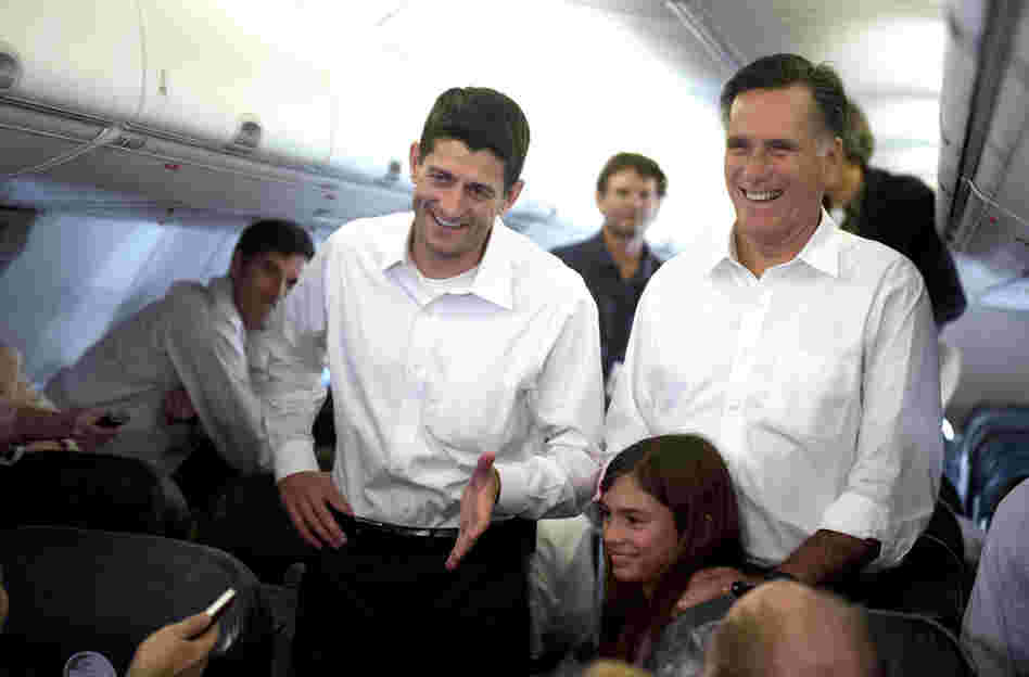 Mitt Romney and Rep. Paul Ryan speak with media aboard a charter airplane from Sterling, Virginia to Charlotte, North Carolina on Saturday.