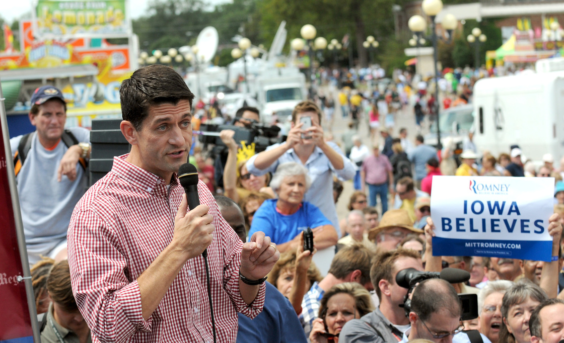 Republican vice presidential candidate, U.S. Rep. Paul Ryan speaks during a campagin stop at the Des Moines Register Soap Box at the Iowa State Fair on Monday.