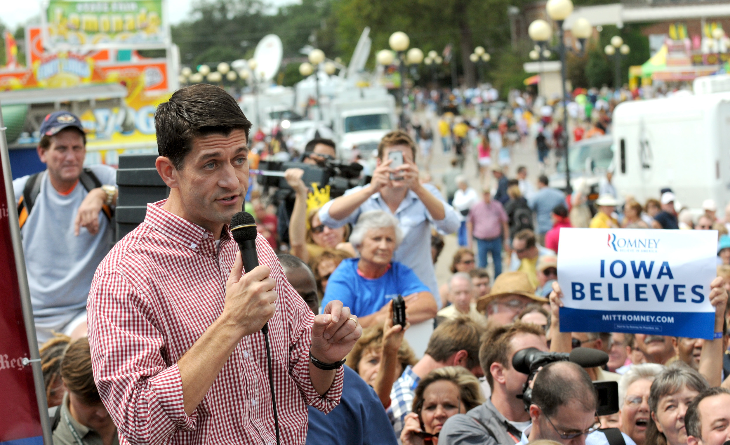 Republican vice presidential candidate, U.S. Rep. Paul Ryan speaks during a campagin stop at the Des Moines Register Soap Box at the Iowa State Fair on Monday.