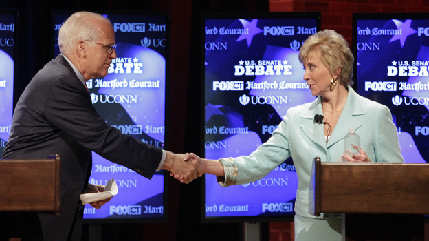 Connecticut GOP Senate candidates Rep. Christopher Shays and Linda McMahon shake hands at a June 14 debate in Storrs. State Republicans vote Tuesday on which candidate will move on to the general election.