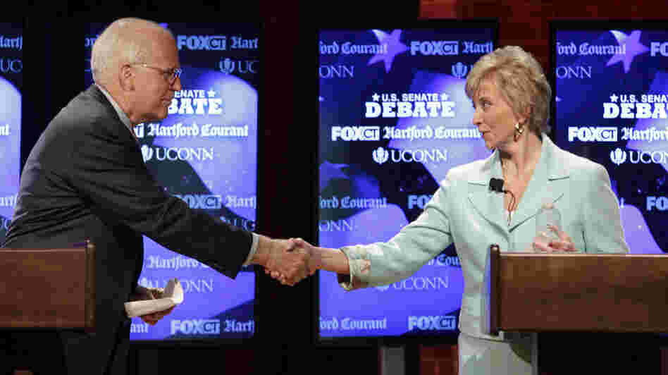 Connecticut GOP Senate candidates Rep. Christopher Shays and Linda McMahon shake hands at a June 14 debate in Storrs. State Republicans vote Tuesday on which candidate will move on to the general election.