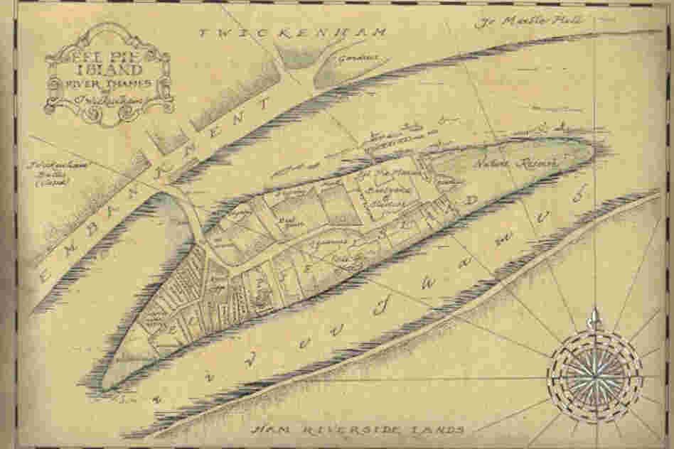 A modern map of Eel Pie Island, showing where famous buildings once stood, rendered in an old-timey style by calligrapher Catherine Horton.
