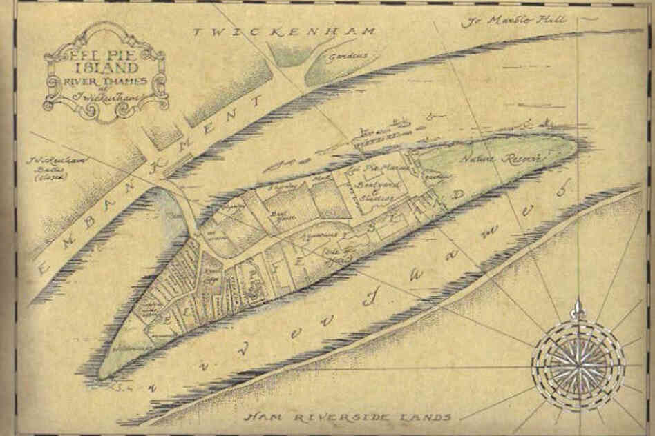 A modern map of Eel Pie Island, showing where famous buildings once stood, rendered in an old-timey style by calligrapher Catherine Horton.