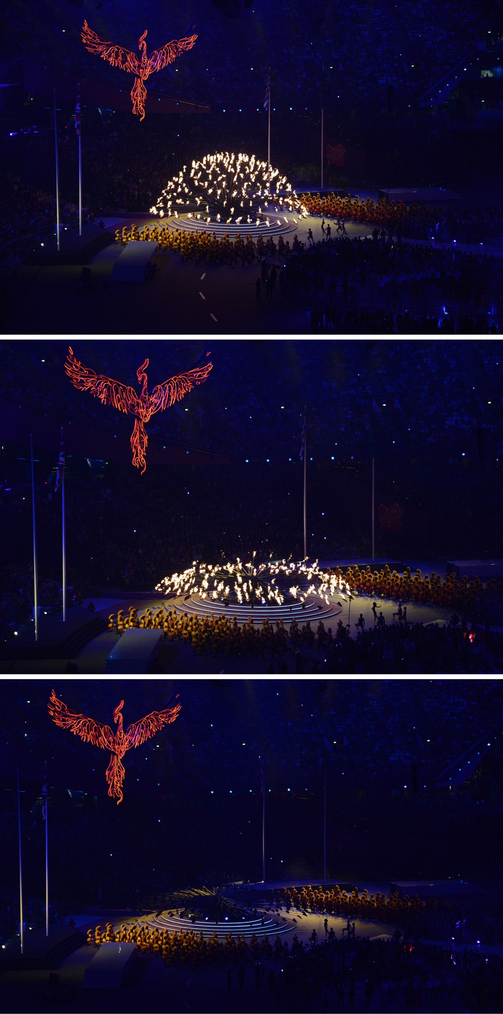 Three photos show the Olympic flame slowly extinguishing at London's Olympic Stadium, as the London 2012 Games come to an end. The next Summer Olympics will be in Rio de Janeiro, Brazil.
